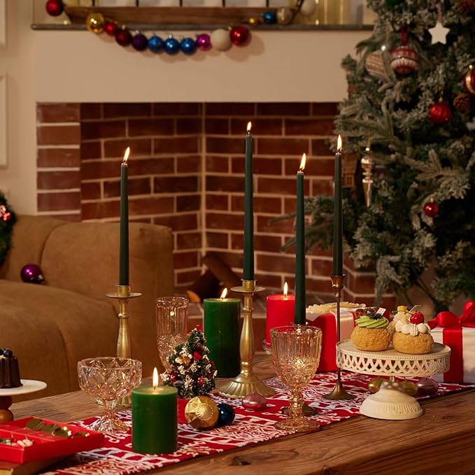 New Burning Formula Unscented Dripless 10-Inch Taper Candles Set of 12 - Dark Green, for Wedding, Dinner - Smokeless, Long Burning - Hand Poured, Colored Tall Candlesticks - Verde Oscuro