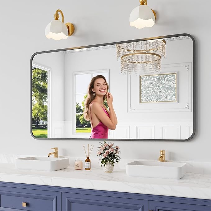 Koonmi Bathroom Mirror, 30X55 Inch Black Metal Framed Mirror for Bathroom, Tempered Glass, Anti-Rust, Rounded Rectangle Mirror for Restroom, Bedroom, Black