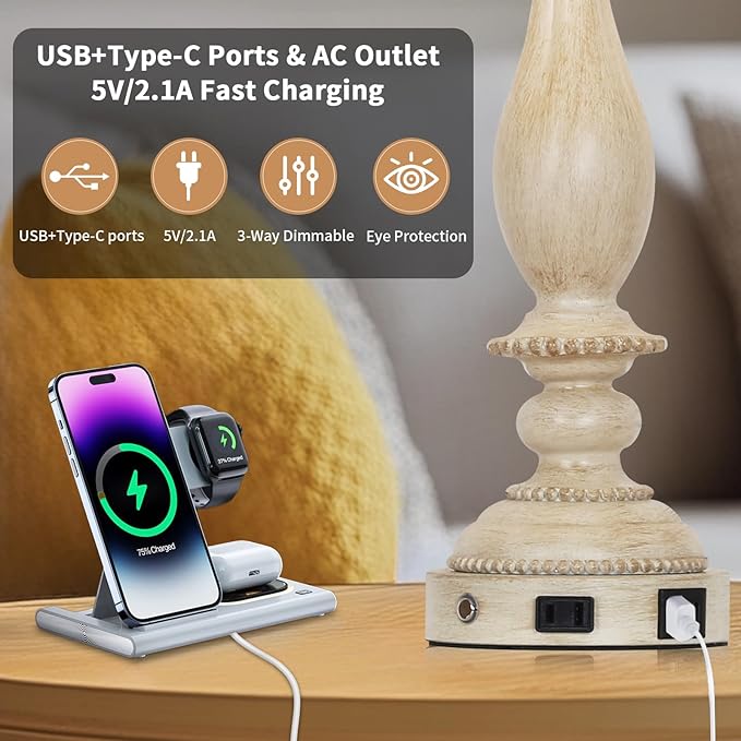 28" Tall Farmhouse Table Lamps for Living Room Set of 2,Vintage Rustic Beige Bedside Touch Lamp with USB C+A Ports & AC Outlet, 3-Way Dimmable Resin Nightstand Lamp for Bedroom Entryway Office