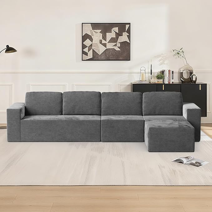 136" Modular Sectional Sofa with L-Shape Chaise, Right/Left Facing Deep Seat Cloud Couch, No Assembly Required, Upholstered Couch for Living Room Bedroom (Deep Grey, Plush Corduroy Fabric)