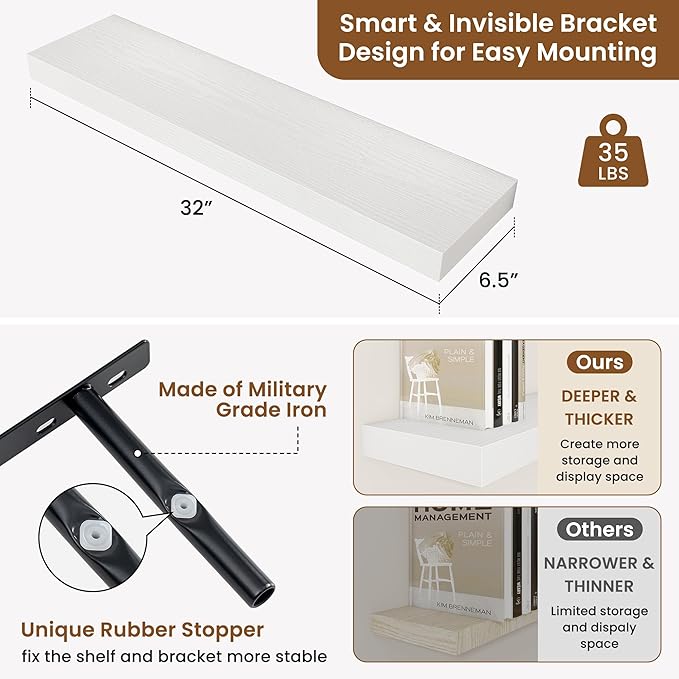 fuqing Floating Shelves for Wall, Wall Mounted Wood Floating Shelf with Invisible Brackets for Living Room, Bathroom, Bedroom, Kitchen Storage and Decor, 32 Inch Set of 2, White