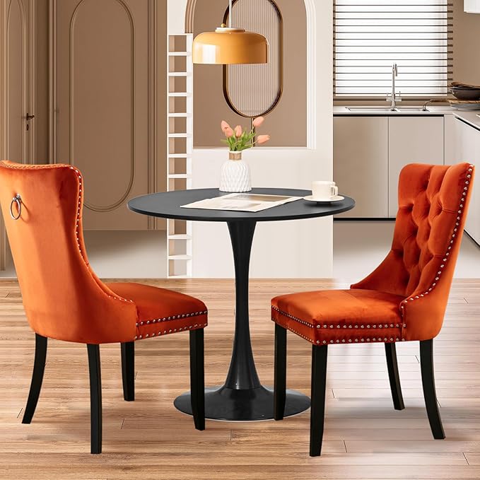 SoarFlash Kitchen Table and Chairs for 2, 31.5" Dining Table Set for 2 with Velvet Upholstered Chairs, 3 Piece Round Kitchen Table Set, Dining Room Table Set for Small Space, Apartment, Orange/Black
