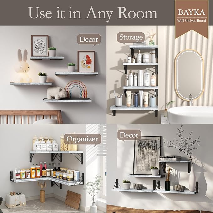 BAYKA Wall Shelves for Bedroom Decor, Floating Shelves for Living Room Kitchen Storage, Wall Mounted Rustic Wood Floating Shelves for Kids Books, Corner Shelf for Bathroom(Gray White，Set of 4)
