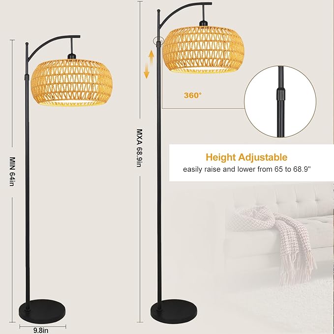 Arc Floor Lamps for Living Room Rattan Boho Floor Lamp with Remote Control,Dimmable LED Floor Lamps Black Standing Lamp with 3 Color Temperature Tall Floor Lamp for Bedroom Corner