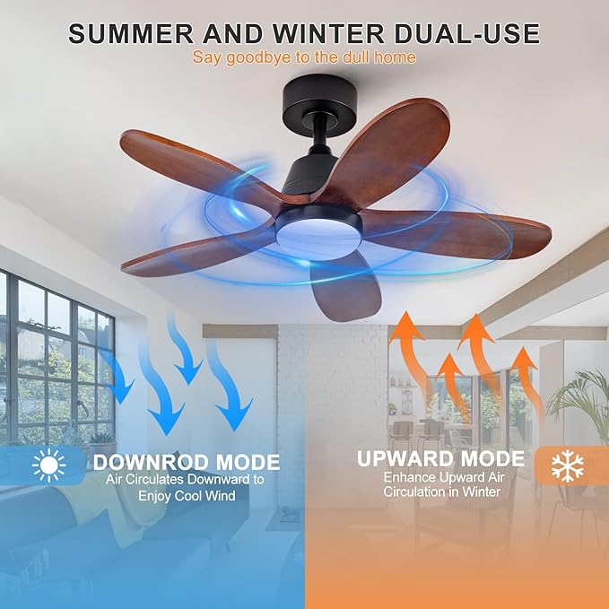 36 Inch Wood Ceiling Fans with Lights and Remote, Modern Ceiling Fan with Light, 5 Blades, Dimmable, Wall Switch, Reversible DC Motor, Memory Function, Indoor Outdoor for Bedroom Patio