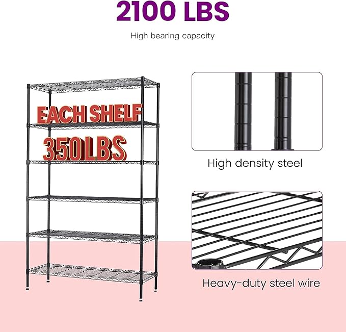 FDW 48"L×18"W×82"H Wire Shelving Unit Storage Cart Metal Shelf Rolling Utility Cart 2100Lbs Capacity with 6 Tier Casters Adjustable Layer Rack Strong Steel for Restaurant Garage Pantry Kitchen,Black
