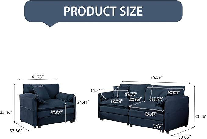 Chenille Sofa Set for Living Room, Modern Deep Seat Sofa Chair and Oversized 3-Seater Cloud Couch for Bedroom, Office, Apartment, Furniture Set