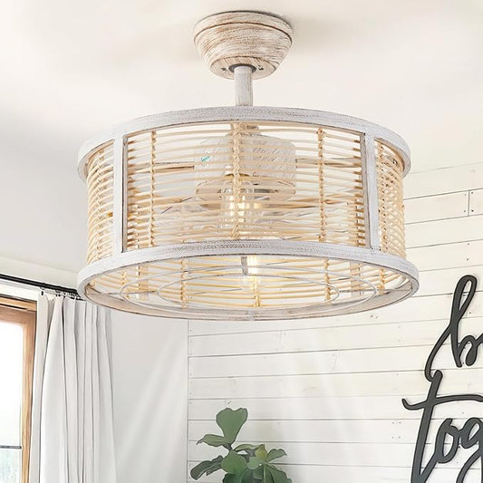hummingbird 20 Inch Rattan Caged Ceiling Fan with Light, Boho White Fandelier Ceiling Fan with Lights and Remote, Enclosed 6 Speed for Bedroom Kitchen Dining Room