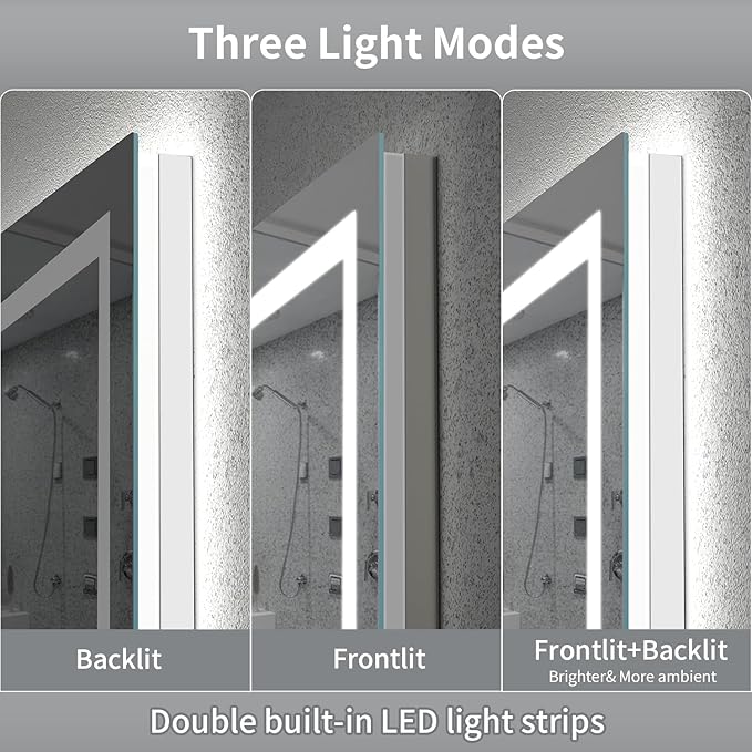 LED Mirror for Bathroom, 48x32 Inch Backlit + Front Lighted Bathroom Vanity Mirror with Lights for Wall, Double Light Strips, 3 Colors, Shatter-Proof, Anti-Fog and Brightness Memory
