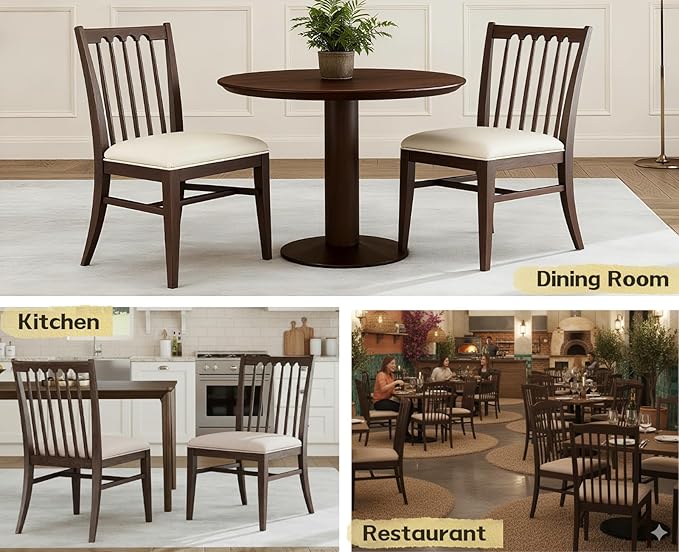 chairus Upholstered Kitchen Chairs Set of 2, Walnut Wooden Barrel Dining Chairs with Slat Back Double-Layer Cushion Farmhouse Accent Chairs for Dining Room/Living Room/Restaurant, Linen Beige