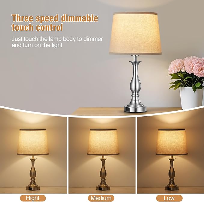 Bedside Table Lamp Touch Control Bedroom Lamps with USB A and C Charging Port 3 Way Dimmable Touch Lamps for Nightstand Living Room Bedroom Dorm Home Office Reading, Set of 2