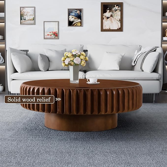Round Coffee Table with Storage for Living Room, Wood Circle Drum Coffee Table Modern Fluted Center Table Accent Table for Home Office Apartment (Walnut 39.37'')