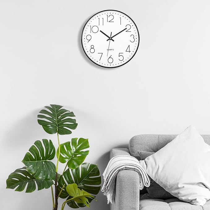 Foxtop 14 Inch Black Wall Clock, Large Silent Non-Ticking Battery Operated Round Quartz Modern Wall Clock Decorative for Office Living Room Bedroom Kitchen Home