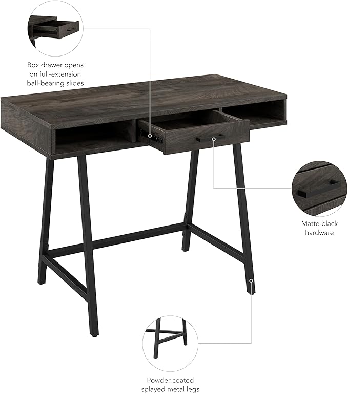 Bush Furniture Steele 40W Writing Desk in Dark Gray Hickory | Compact Computer Table with Storage for Home Office, Study Room, or Entryway