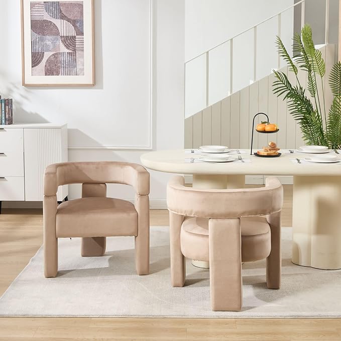 Khaki Dining Chairs Set of 4, Upholstered Velvet Barrel Chairs with Arms Comfy Side Chairs for Living Room/Dining Room/Reception