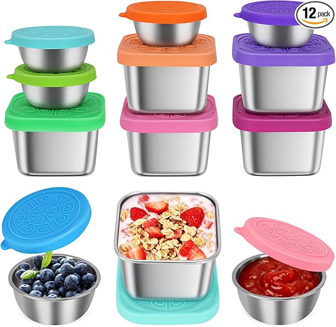 12 Pack Stainless Steel Snack Containers for Kids, 6oz & 1.6oz Leakproof Snack Salad Dressing Containers with Easy-Open Silicone Lids, Reusable Lunch Box Containers for Office & Travel