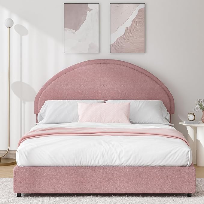 Queen Bed Frame, Upholstered Platform Bed with Headboard, Boucle Bed Frame with Round Conner, No Box Spring Required, Easy Assembly, Pink