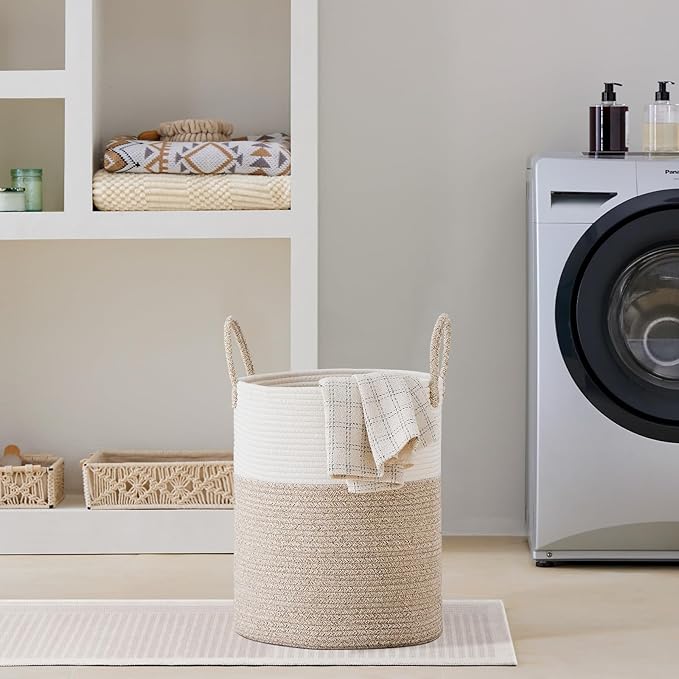 VIPOSCO Large Laundry Hamper, Tall Woven Rope Storage Basket for Blanket, Toys, Dirty Clothes in Living Room, Bathroom, Bedroom - 53L White & Brown