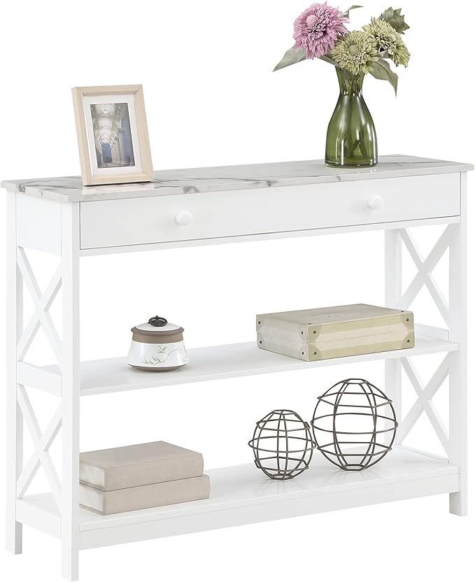 Convenience Concepts Oxford 1 Drawer Console Table with Shelves, White Faux Marble/White