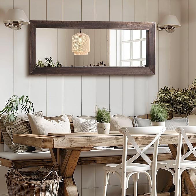 MELOMOIR Rustic Farmhouse Full Length Mirror, 56"x21" Wood Floor, Free Standing Leaning Hanging, Long for Bedroom Cloakroom, Wall Full Length, Charcoal-Grilled Brown