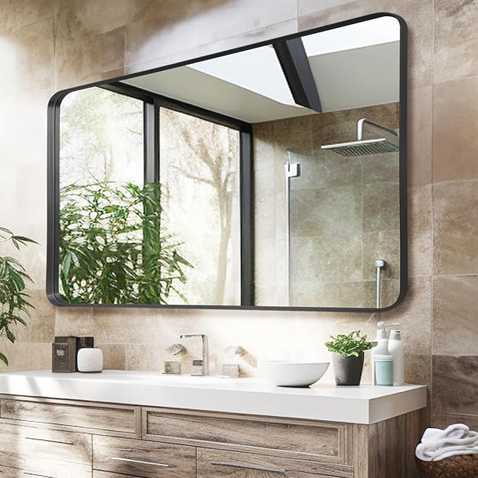 Wall Mirror 30" x 40" for Bathroom Black Metal Deep Frame Mirror for Wall Decorative Rectangular Round Corner Wall Mounted Vanity Mirror for Bedroom Living Room Entryway Wall Decor