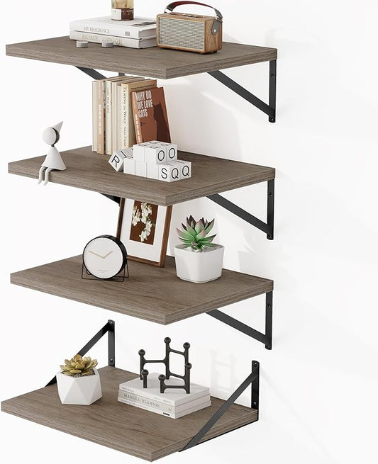 Heimlove 12 Inch Deep Floating Shelves for Wall, 16W x 12D Wide Floating Shelves Heavy Duty, Wood Wall Shelves for Living Room Bedroom Bathroom Kitchen- Set of 4
