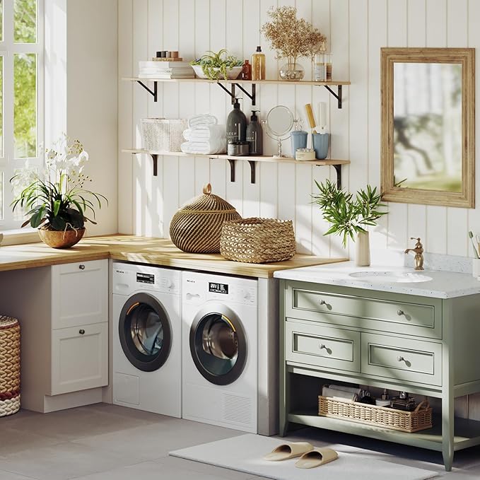 DINZI LVJ Long Wall Shelves, 31.5 Inch Wall Mounted Shelves Set of 2, Easy-to-Install, Floating Storage Ledges with Sturdy Metal Brackets for Living Room, Bathroom, Bedroom, Kitchen, Natural