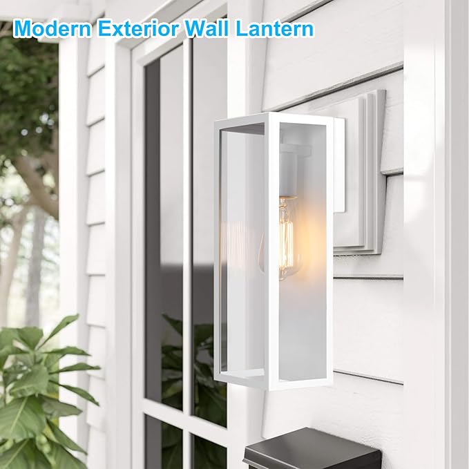 2-Pack Outdoor Wall Lanterns, Exterior Waterproof Wall Sconce with Glass Shades, White Porch Lights Mounted, Anti-Rust E26 Modern Lighting Fixtures for Patio Garage Entryway Front Door