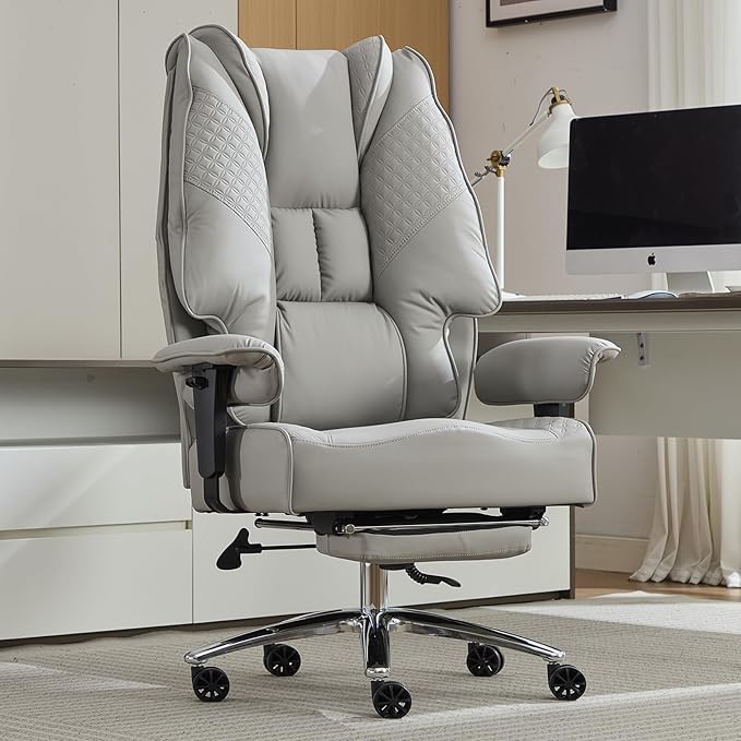 Big and Tall Office Chair 400lbs Wide Seat, Leather High Back Executive Office Chair with Foot Rest, Ergonomic Chairs Lumbar Support for Lower Back Pain Relief (Light Grey)
