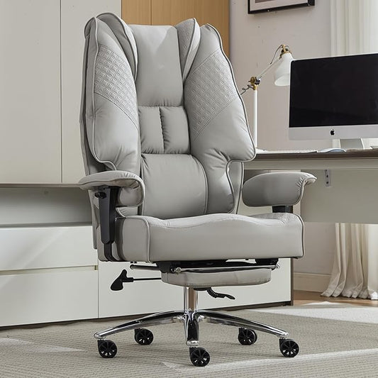 Big and Tall Office Chair 400lbs Wide Seat, Leather High Back Executive Office Chair with Foot Rest, Ergonomic Chairs Lumbar Support for Lower Back Pain Relief (Light Grey)