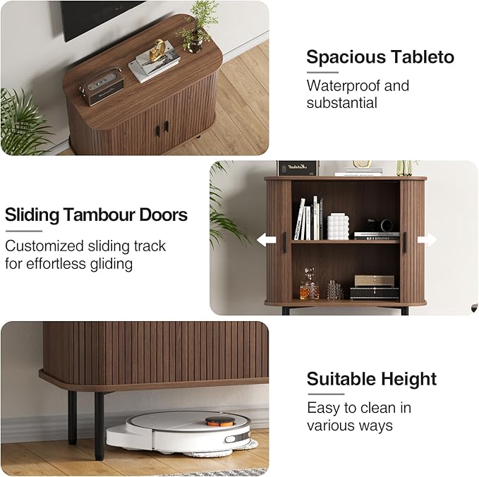 31''W Walnut Buffet Sideboard Cabinet with Storage, Fluted Accent Storage Cabinet with Curvy Edge, Sliding Door, Freestanding Credenza, Console Table for Living Room, Kitchen, Hallway