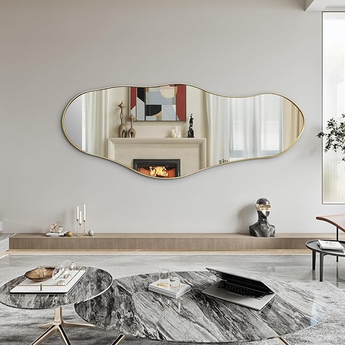 Large Asymmetrical Mirrors, 55"x22" Irregular Shaped Mirror, Gold Metal Frame Abstract Wall Mirror Decorative, Modern Funky Mirrors for Living Room Bathroom Bedroom Hallway Entryway Fireplace