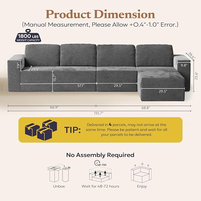 136" Modular Sectional Sofa with L-Shape Chaise, Right/Left Facing Deep Seat Cloud Couch, No Assembly Required, Upholstered Couch for Living Room Bedroom (Deep Grey, Plush Corduroy Fabric)