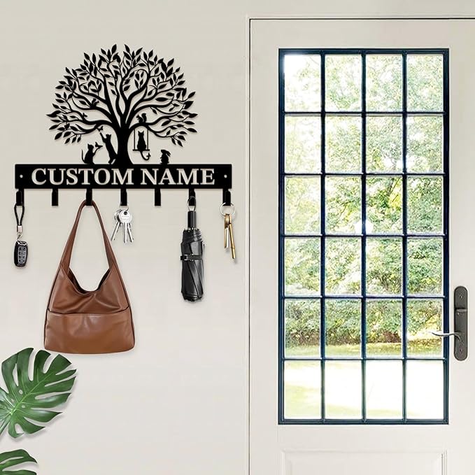 Life Tree Key Hook - Customized Metal Wall Organizer with Name Engraving, Black Iron Home Decor for Themed Collectors (Style A)