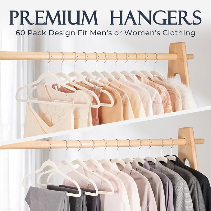 HOUSE DAY Ivory Velvet Hangers 40 Pack, Non Slip Clothes Felt Hanger Heavy Duty for Coat, Premium Slim Space Saving Suit Hangers for Closet Organizer, 360° Rotating Silver Hook