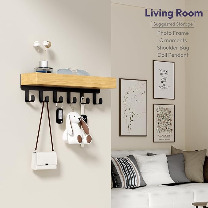 SWTYMIKI Key Holder Wall Mount-Wooden Key Hooks for Wall with Mail Organizer & 6Hooks, 2Installation Ways Key Hanger, Key Rack with Shelf for Entryway Living Room Bedroom Home Decor Wood+Black