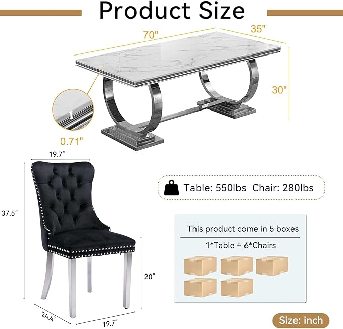 Goujxcy 7 Piece Marble Dining Table Set for 6, Luxury 70" White Marble Silver Kitchen Table with 6 Black Velvet Upholstered Chairs, Modern 6 Person Dining Room Table Set for Kicken Dining Office Room
