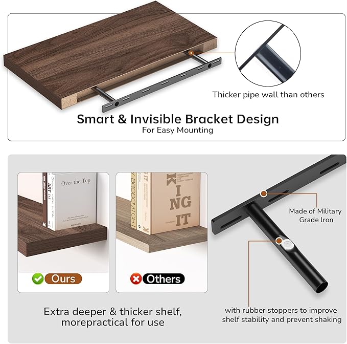 Fun Memories Floating Shelves - 2 Pack 12 Inch Deep Rustic Wooden Wall Shelves - Extra Deeper & Thicker Wall Mounted Storage Shelf for Living Room, Kitchen, Farmhouse - 24" W x 12" D x 1.5" H - Walnut