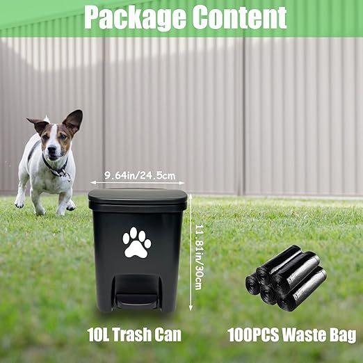 Dog Poop Trash Can Outside, Dog Waste Trash Can with Lid Odor Control for Outdoors - 10L Black, with 100PCS Waste Bags