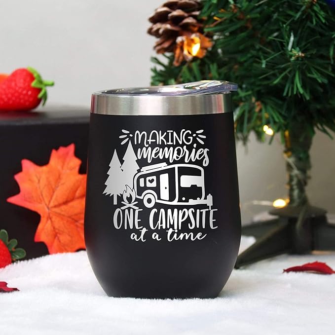Camper Wine Tumbler Coffee Mug, Stemless Tumblers with Lid, Stainless Steel Insulated Vacuum 12 Oz, Camping Gifts, Making Memories One Campsite At A Time