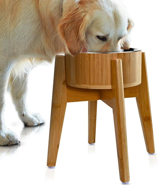 Elevated Dog Bowls Large Breed - (15-Inch, 74-oz Cap) - Raised Single Dog Food Station, Suitable for Dry/Wet Pet Foods, Deter Ants/Bugs - Bamboo with Stainless Dish and Tall Stand