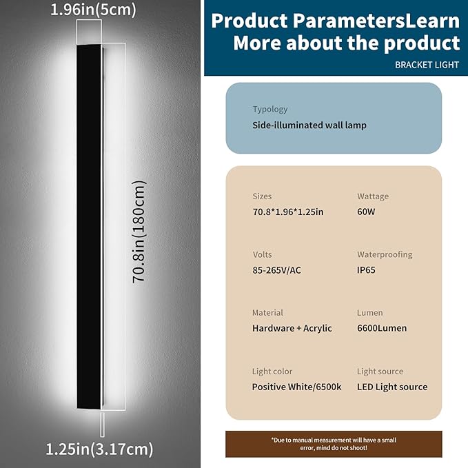 2 Pack 71inch Exterior Wall Light Fixture, 6000K Cold White Modern Long Outdoor Wall Sconce, IP65 Waterproof, 60W, Black Minimalist Outside LED Strip Lights for Garage, Patio, Balcony, Fence