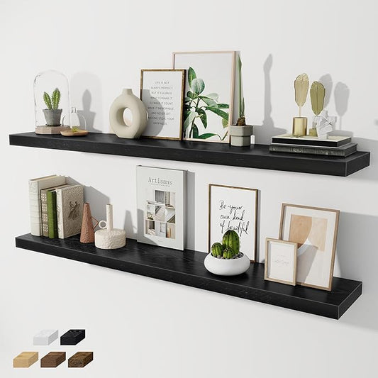 Fun Memories 55 Inch Long Floating Shelves for Wall, 8" Deep Floating Shelves for Bathroom Living Room Bedroom, Black Rustic Wall Mounted Shelf with Invisible Heavy-Duty Bracket, 2 Pack