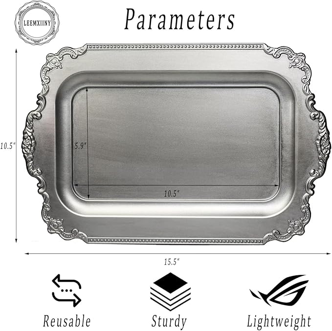 Set of 2 Matte Silver-Effect Plastic Decorative Trays for Coffee Table- Vintage Style (Actual Available Size: 10.5" L x 5.9" W)