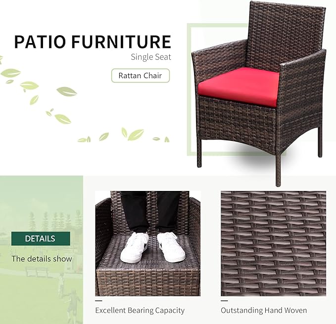 Greesum 3 Pieces Patio Furniture Sets Outdoor PE Rattan Wicker Chairs with Soft Cushion and Glass Coffee Table for Garden Backyard Porch Poolside, Brown and Red