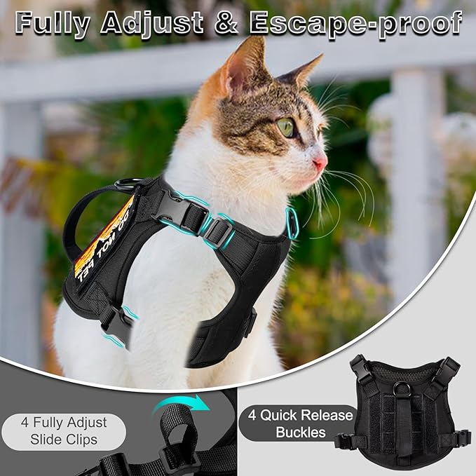 Tactical Cat Harness and Leash Set for Walking, Adjustable Escape Proof Pet Vest for Large Cat,Easy Control Breathable Cat Vest with Handle，Molle Patches (Black, L)