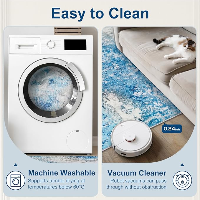 9x12 Area Rugs Living Room Rug - Washable Neutral Modern Abstract Large No Slip Soft Thin Rug Indoor Floor Carpet for Bedroom Under Dining Table Home Office Nursery Room - Blue White