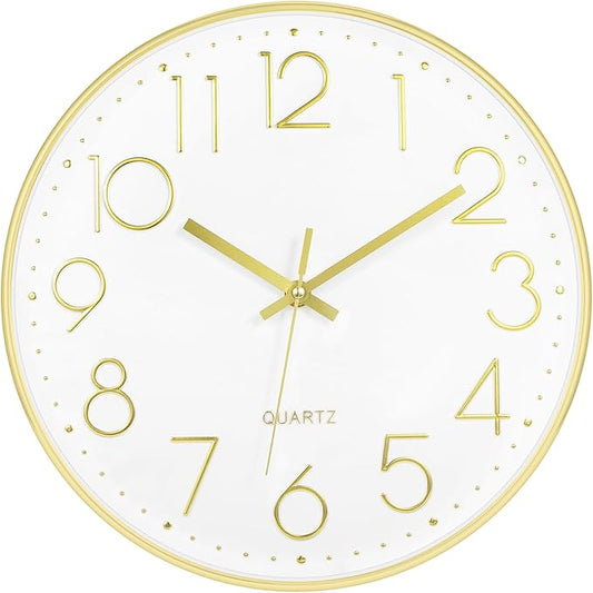Foxtop 14 Inch Large Silent Non-Ticking Gold Wall Clock Battery Operated Round Quartz Modern Wall Clock Decorative for Living Room Bedroom Kitchen Home Office