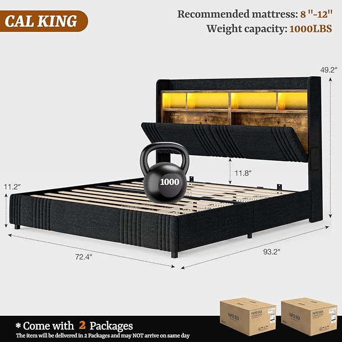 IKIFLY California King Bed Frames with Hidden Storage Headboard & 4 Drawers, 49.2” Tall Upholstered Wingback Headboard with LED Lights and Charging Station, No Box Spring Needed, Noise Free, Black