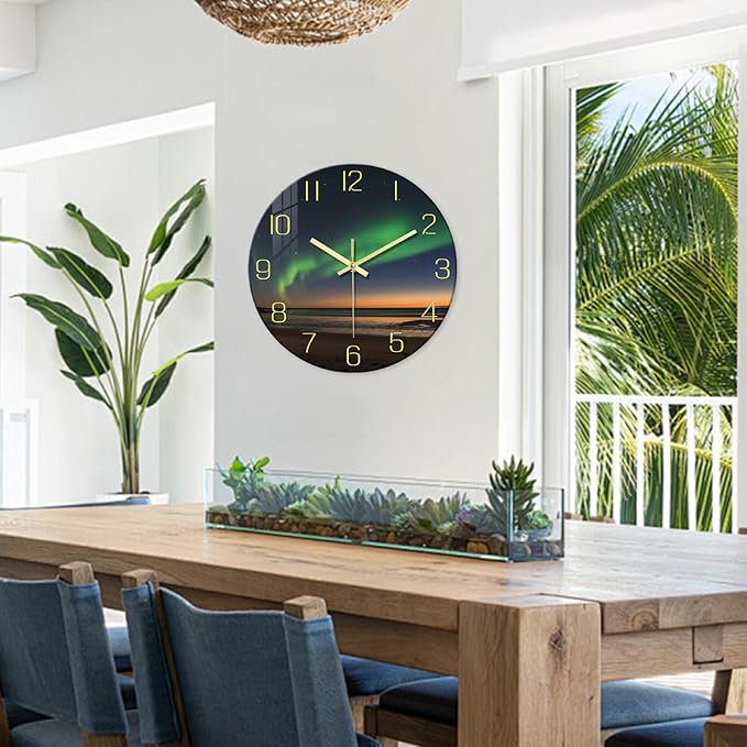 Coastal Large Wall Clocks for Living Room Decor 16 Inch Teal Glass Battery Wall Clock Modern Round Silent Wall Clock Non Ticking